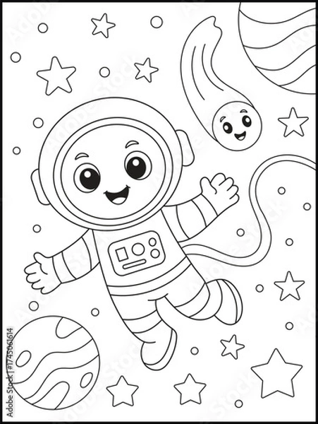 Fototapeta Cheerful Cartoon Astronaut Floating in Space with Stars and Planets Coloring Page for  Children. Black and White Line Art for Kids' Coloring Pages and Activities