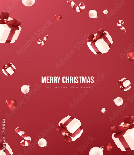 Fototapeta Merry Christmas background design with white gift boxes red ribbon candy canes and ornaments on red backdrop for holiday greeting card or new year celebration banner