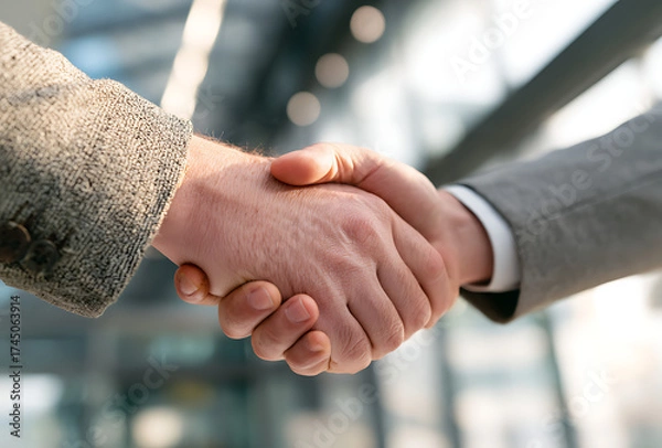 Fototapeta Two business professionals shaking hands in a close up shot symbolizing partnership and agreement