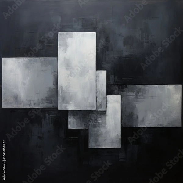Obraz A modern, monochrome abstract painting with a textured finish. The geometric composition of rectangles in black, white, and grey creates a sophisticated, minimalist design.