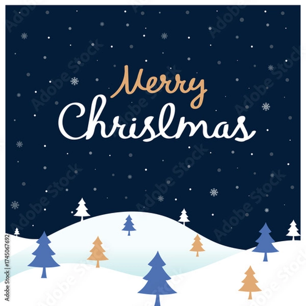 Fototapeta Merry Christmas and Happy New Year greeting card with Christmas trees and snow on blue background. Winter festive vector illustration.
