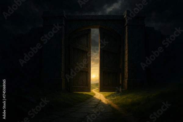 Fototapeta Open gate with glowing sunset and winding path leading to bright horizon, symbolizing hope and new beginnings in dark, mysterious environment