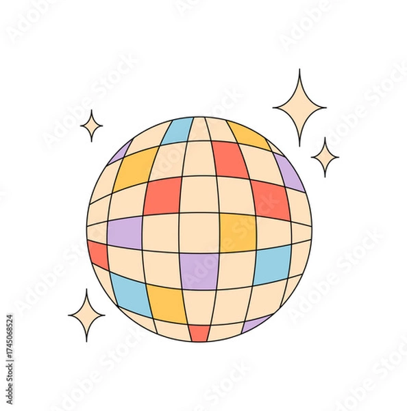 Fototapeta Groovy y2k disco ball in colorful sparkle style. Funky party dance symbol shines as a 70s music icon. Groovy element and retro graphic with bright ambiance, perfect for a vibrant pop scene.