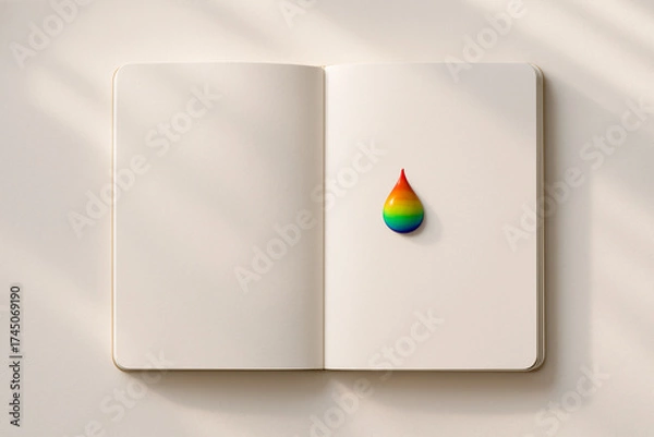 Fototapeta Rainbow paint droplet on blank open notebook page with soft natural light creating calm and creative atmosphere for art or design concept