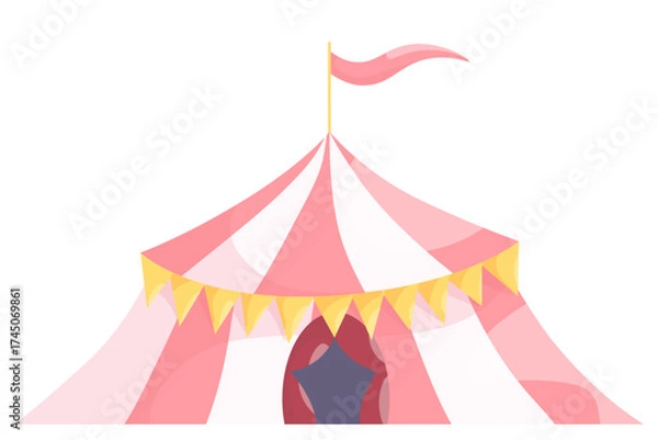 Fototapeta Circus tent isolated. A classic circus tent with red and white stripes, topped with a small red flag. Design of a traditional circus environment.
