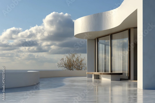 Obraz Modern white building corner with large glass windows and curved architecture under a blue sky with clouds.