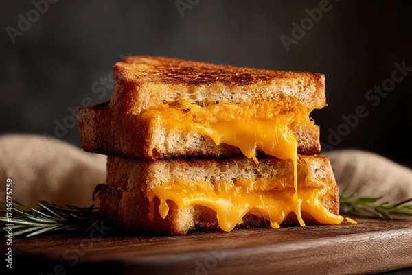 Obraz Two stacked grilled cheese sandwiches with melted cheddar oozing out.
