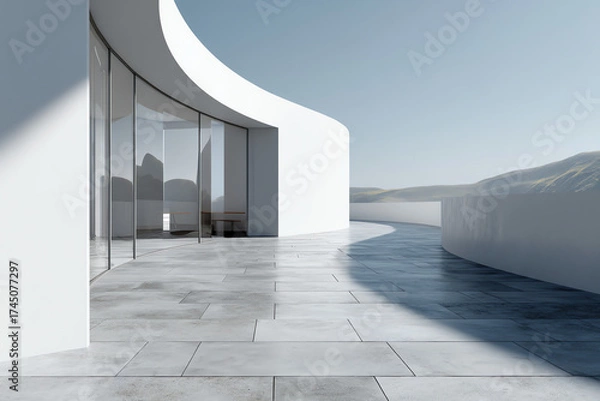 Fototapeta Modern building with curved white walls and large glass windows on a tiled outdoor patio under daylight.