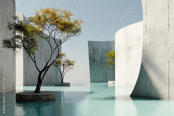 Obraz Curved concrete structures partially submerged in water with small trees growing from circular bases.
