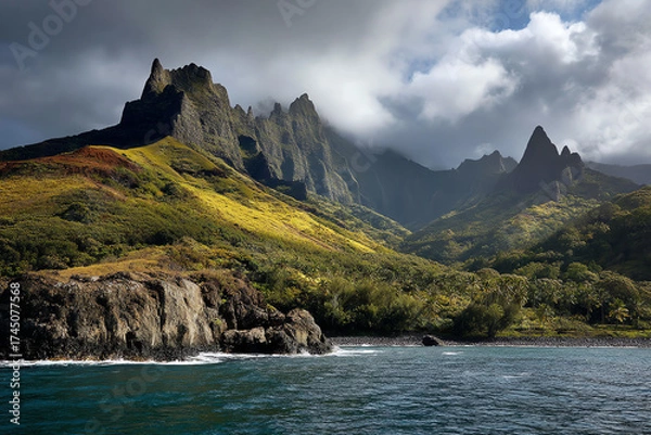 Obraz Rugged volcanic mountains overlooking a lush green coastline with dramatic clouds and clear blue waters.