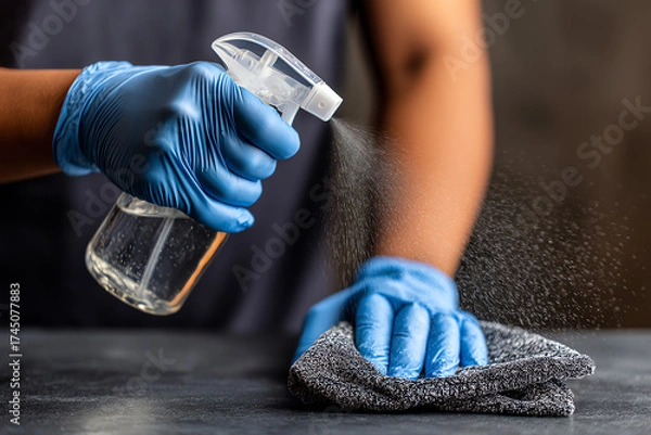 Obraz Person wearing blue gloves spraying liquid from a bottle and wiping a surface with a cloth.