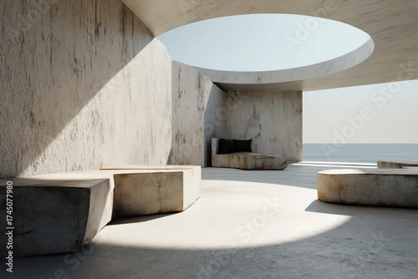 Obraz Minimalist concrete seating area with a circular ceiling opening overlooking the sea.
