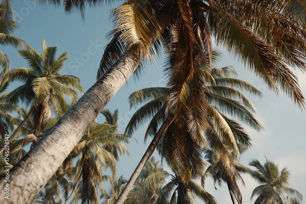 Obraz Tall palm trees with lush green fronds towering under a clear sky.