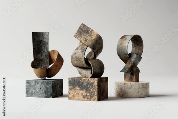 Obraz Three abstract metal sculptures with rusted textures on different stone bases.