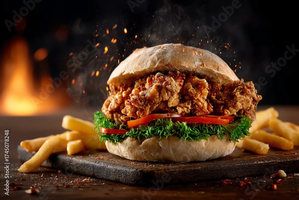 Obraz Crispy fried chicken sandwich with lettuce and tomato on a bun, served with French fries.