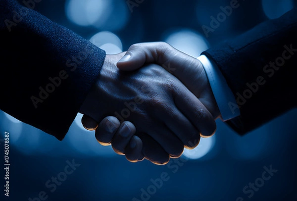 Fototapeta Close up of two business people shaking hands in a dark setting with bokeh lights