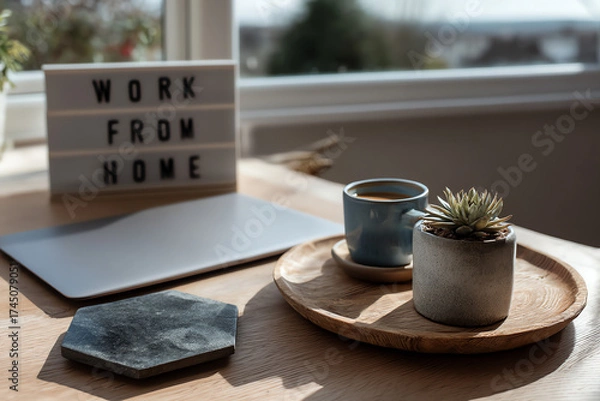 Obraz A cozy work-from-home setup with a laptop, a succulent plant, and a cup of coffee on a wooden table.