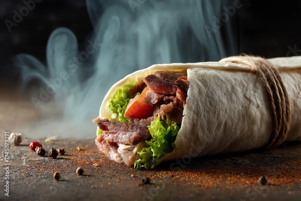 Obraz A close-up of a fresh wrap filled with crispy bacon, lettuce, and tomato.
