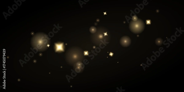Fototapeta Golden sparks and stars on a transparent background. Magical glow, golden dust and shiny Christmas bokeh effect.