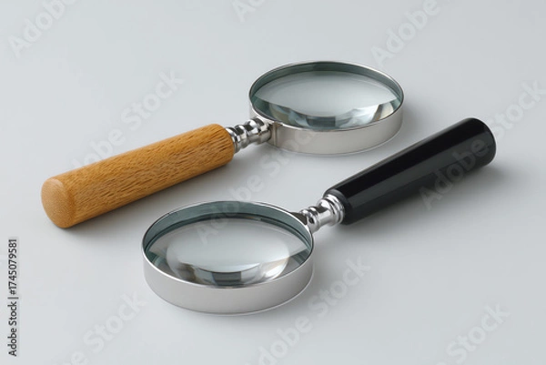 Obraz Two magnifying glasses with wooden and black handles placed side by side.