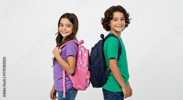Fototapeta Two smiling kids stand back to back wearing backpacks against a white background