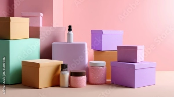 Fototapeta Colorful pastel boxes and cosmetic bottles arranged on soft background retail packaging composition