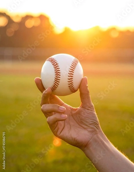 Obraz A hand holds a baseball at sunset