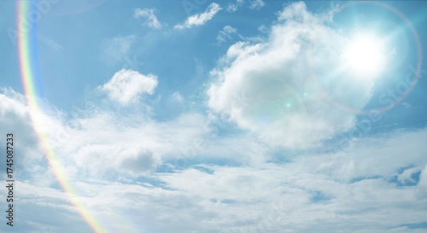 Obraz 夏の晴天、青空に流れる積乱雲ふわふわの入道雲と輝く太陽のレンズフレア 夏・夏休み・行楽・バカンス・アウトドア・キャンプ・天気・台風一過・紫外線・日焼け 秋・秋晴れ