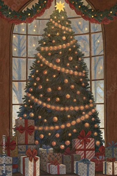 Obraz Christmas Tree with Presents and Lights — Watercolor Illustration
