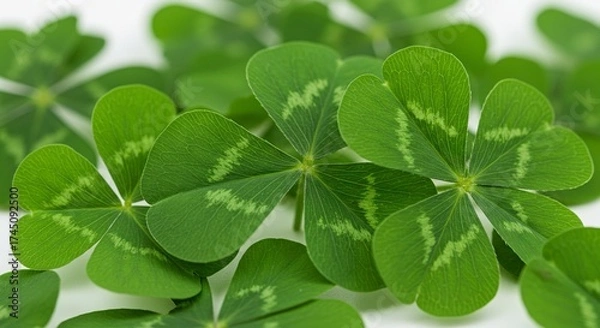 Fototapeta A closeup shows several bright green fourleaf clover plants against a stark white background