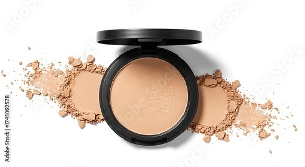 Fototapeta A compact of beige face powder rests among loose powder of the same color