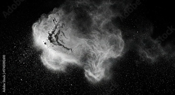 Fototapeta A dark smoky expanse featuring a light gray explosion and speckled stardust against a black backdrop