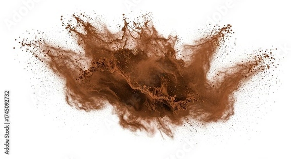 Fototapeta A dynamic brown powder explosion displaying a cloudlike burst with scattered particles against a white backdrop