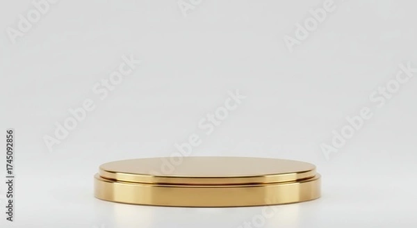Fototapeta A goldcolored pedestal stands against a plain white backdrop reflecting light from its smooth rounded surfaces
