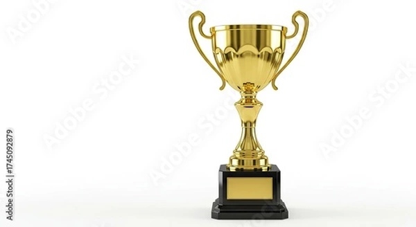 Fototapeta A gold trophy with a black base and gold nameplate stands against a white background