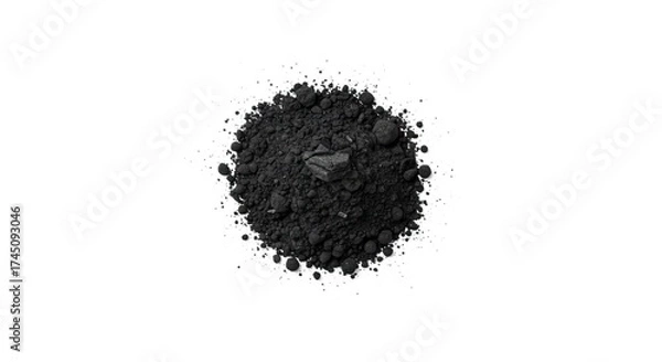 Fototapeta A heap of black charcoal dust with small dark stones isolated on a white background