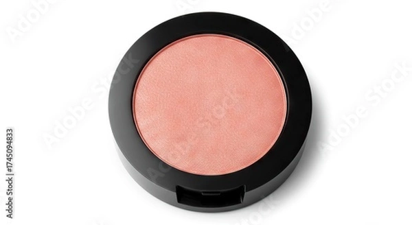 Fototapeta A peachcolored blush in a black circular compact on a white background