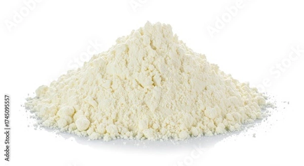 Fototapeta A pile of white powdery substance forming a conical shape on a white background with subtle reflection