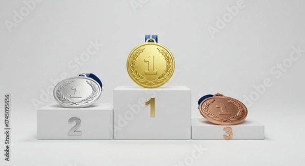Fototapeta A podium with gold silver and bronze medals arranged on different levels
