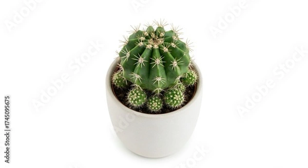 Fototapeta A potted cactus with a large spiky green body surrounded by smaller cacti in a white pot on a white background