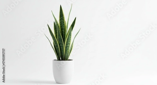 Fototapeta A potted snake plant with tall variegated leaves stands centered against a stark white backdrop