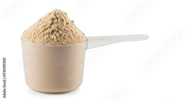 Fototapeta A scoop filled with beige protein powder stands against a stark white backdrop capturing precise details