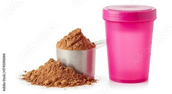 Fototapeta A scoop of brown powder next to a pink shaker cup all on a white background