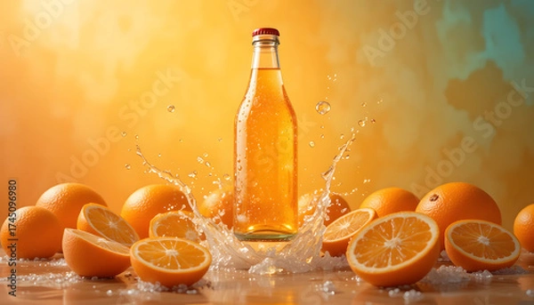 Obraz Refreshing orange soda splash with fresh citrus fruits captures summer's vibrant, thirst quenching essence for advertising and packaging.