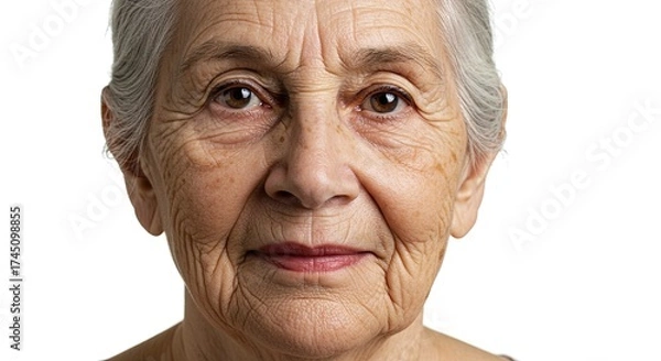 Fototapeta Closeup portrait of a senior woman with gray hair wrinkles and brown eyes set against a stark white background