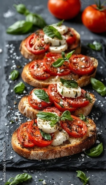 Obraz a close-up of bruschetta topped with sliced tomatoes, fresh mozzarella, basil, and a sprinkle of seasoning on a dark slate surface.