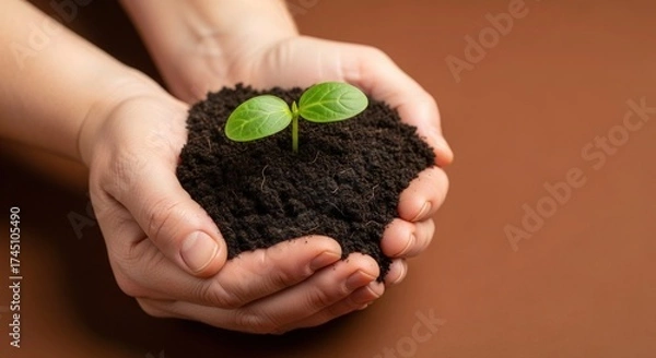 Fototapeta Nurturing new life with care and hope, a young sprout grows from fertile soil held gently in human hands, symbolizing growth, sustainability, and environmental consciousness
