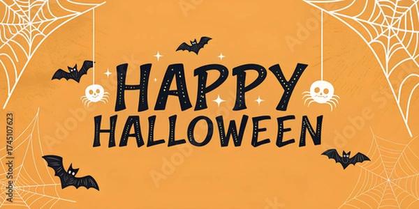 Fototapeta Clean and minimalist Halloween banner with bold black “Happy Halloween” text on a solid orange background. Subtle bat silhouettes and spiderweb accents add a spooky yet stylish touch. Perfect for mode