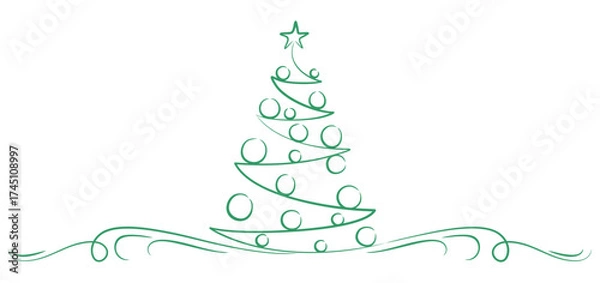 Fototapeta Minimalist green line art illustration of a stylized Christmas tree decorated with circular ornaments and topped with a star. The elegant continuous line forms flowing curves and decorative swirls 