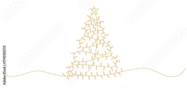 Fototapeta Minimalist yellow line art illustration of a Christmas tree decorated with string lights and topped with a star. The simple continuous line design conveys warmth and festive cheer